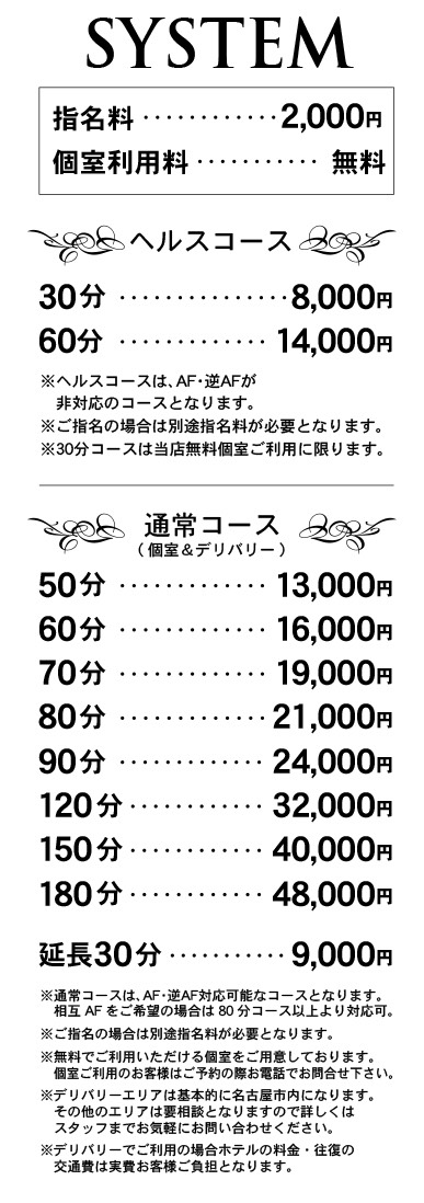 ニューハーフヘルス | DE LA FELICE | デラフェリーチェの料金・システムです
